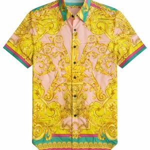 Versace Men's Vibrant Yellow and Pink Shirt